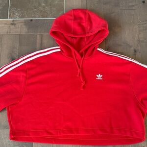 Adidas Red Cropped Hoodie with White Stripes